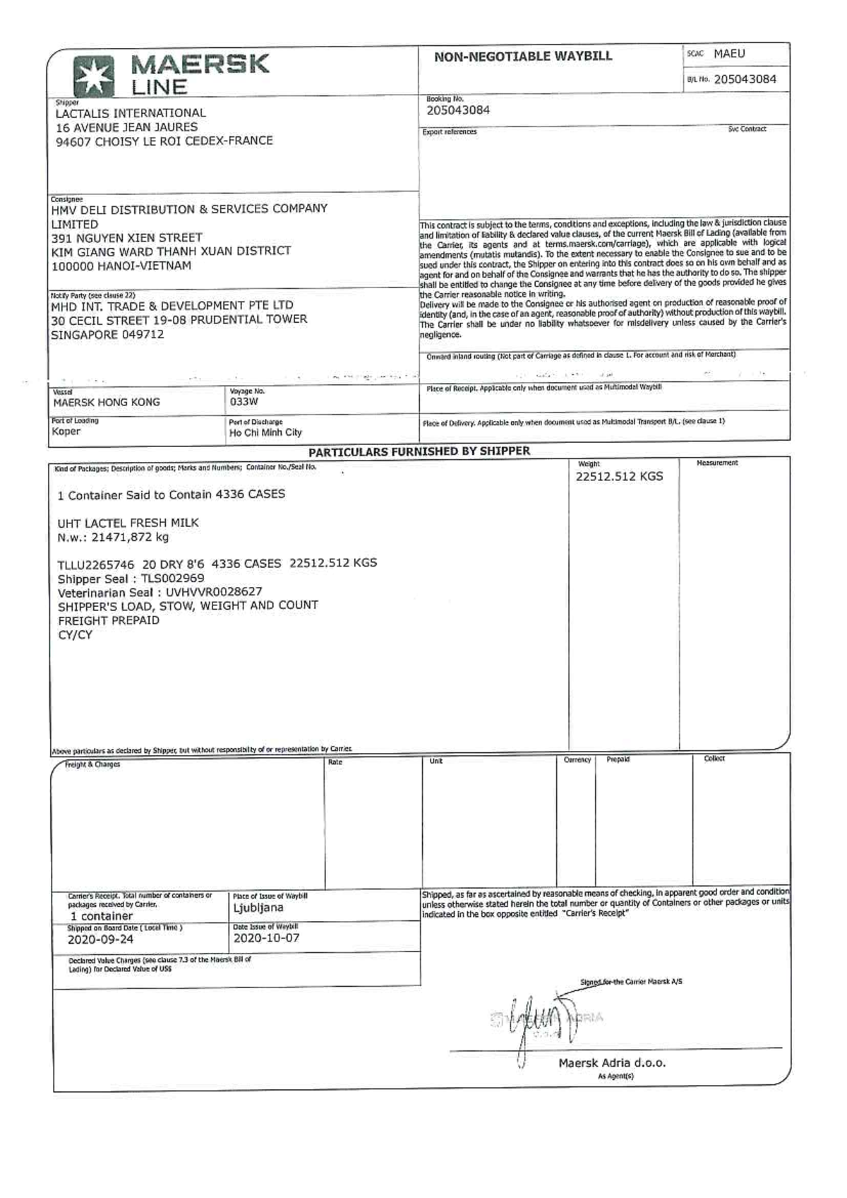 MAERSK WAYBILL MAEU No. 205043084 - Shipping Contract Details - Studocu