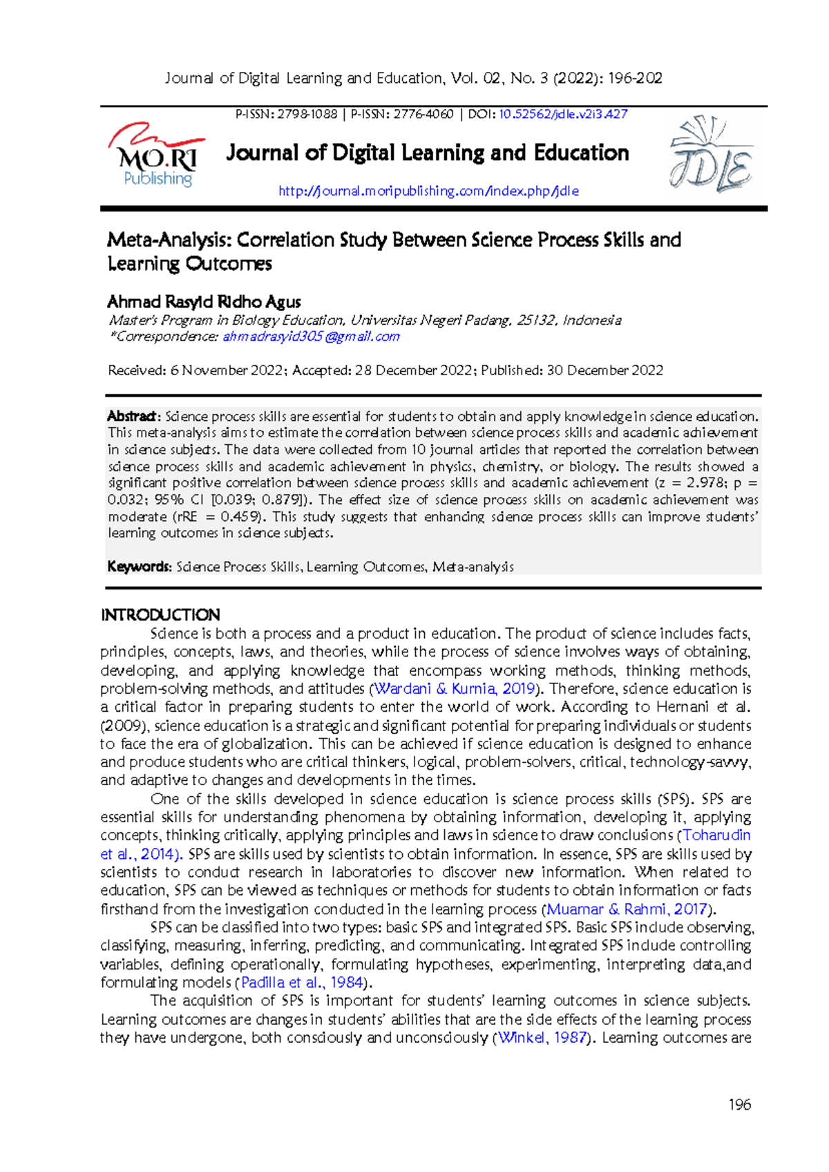 Meta-Analysis of Correlation Between Science Process Skills and ...