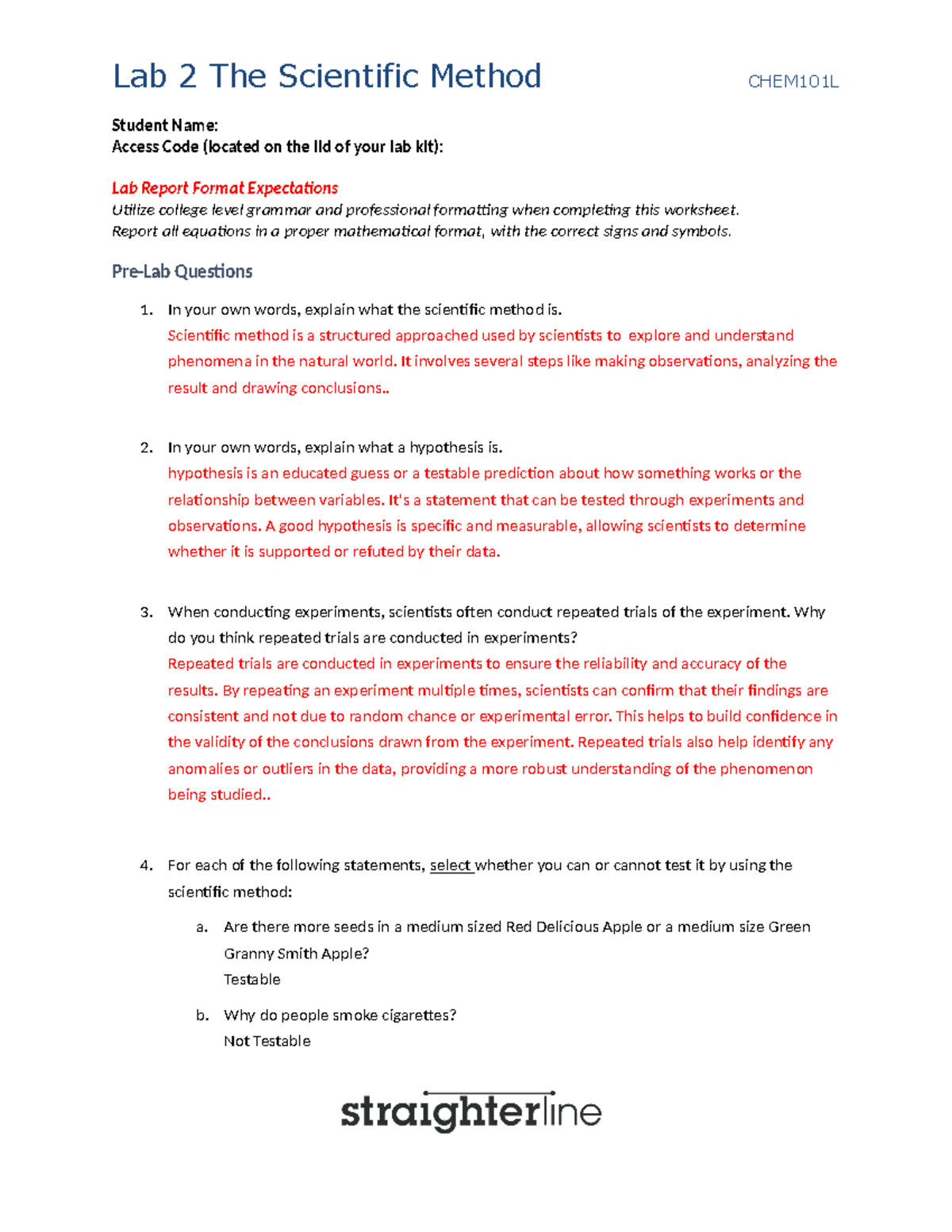 CHEM 101 LAB 2 - Scientific Method and Experiments Report - Studocu