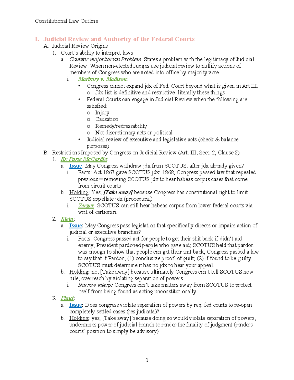 Con Law I Outline: Judicial Review, Federal Authority & Separation of ...