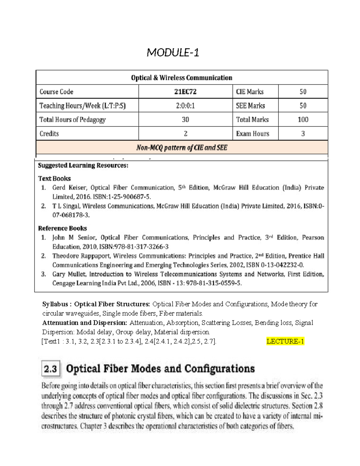 O & W Module 1: Optical Fiber Structures & Modes Overview - Studocu