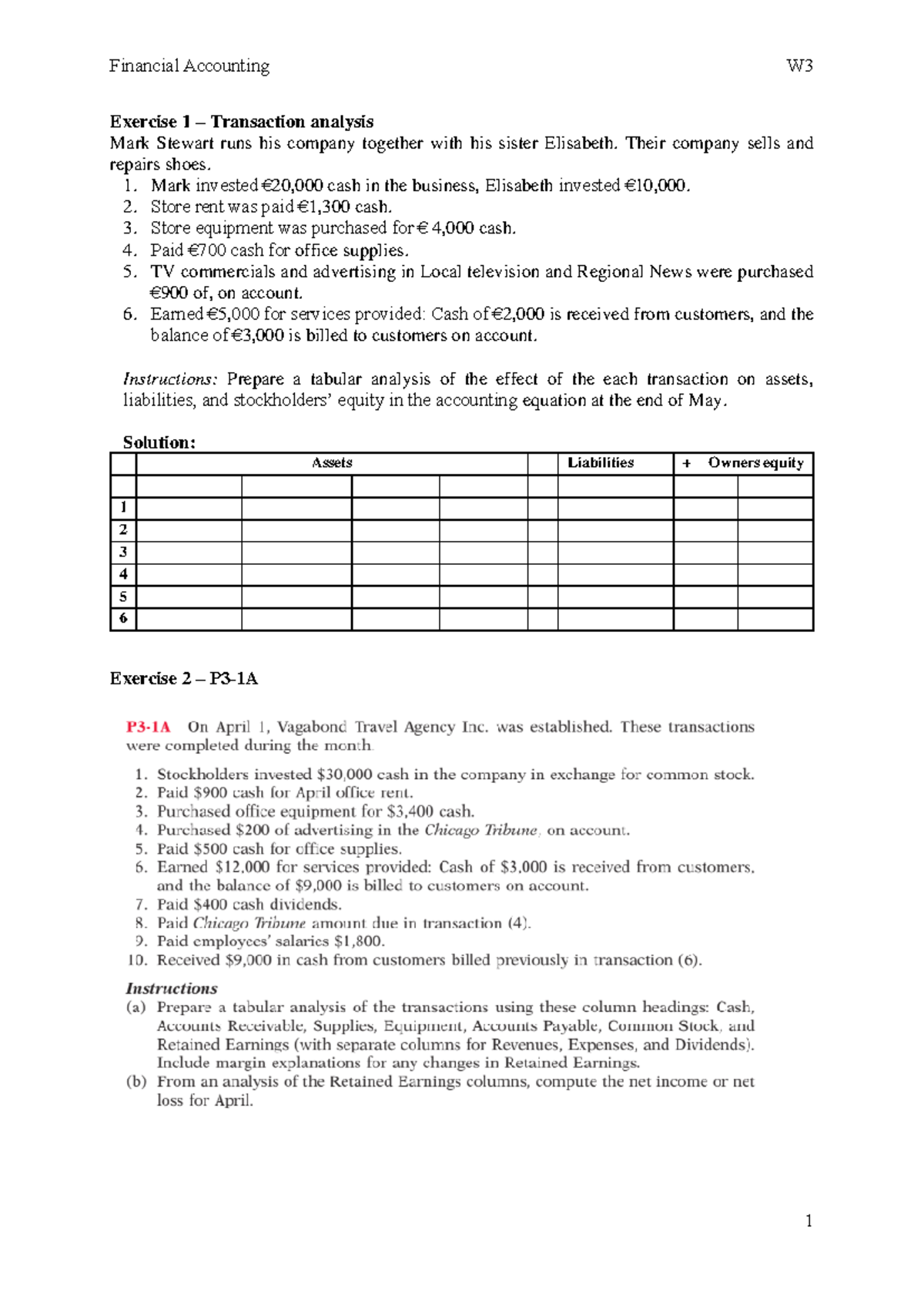 FA S3 exercises - Exercise 1 – Transaction analysis Mark Stewart runs ...