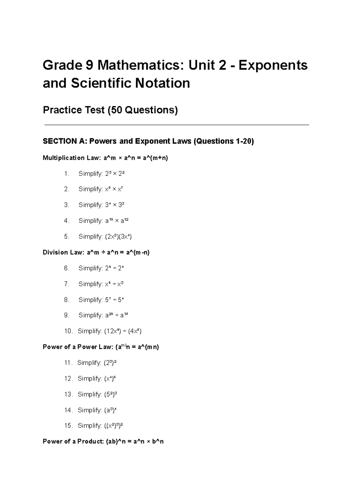 Grade 9 Math: Unit 2 Exponents & Scientific Notation Practice Test ...