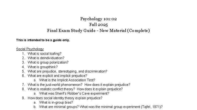 Psychology 101:02 Fall 2025 Final Exam Study Guide (Complete) - Studocu