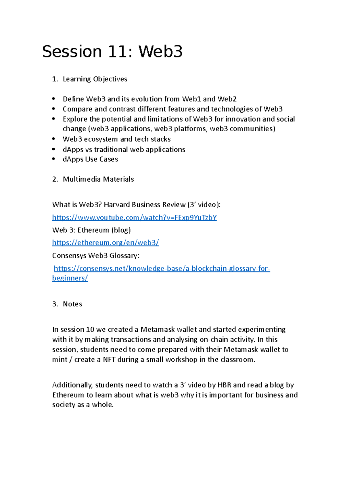 11 Web3 Notes - Session 11: Web 1. Learning Objectives Define Web3 and ...