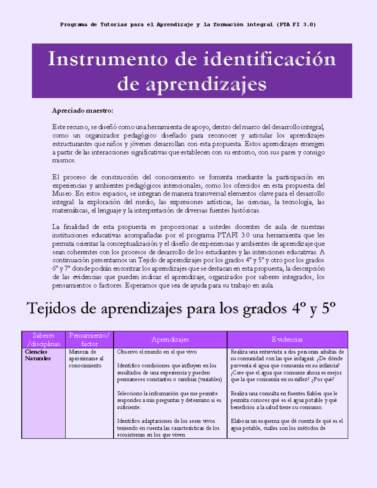 Instrumento de Identificación de Aprendizajes - PTA FI 3.0 - Studocu