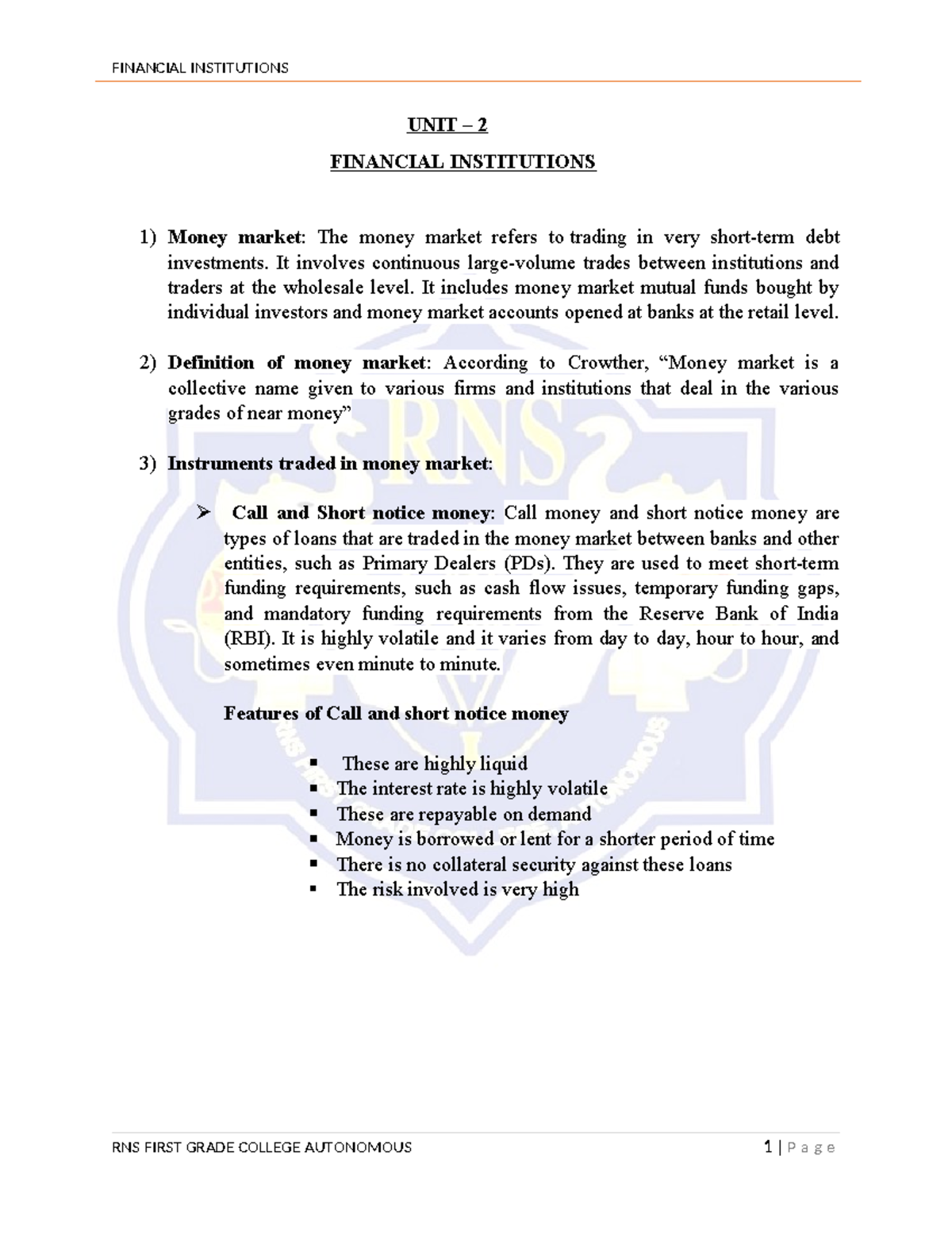Chapter 2 - Notes - UNIT – 2 FINANCIAL INSTITUTIONS 1) Money market ...