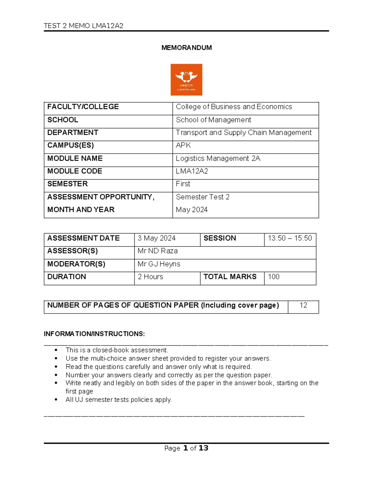 Test 2 Memo LMA12A2 - Logistics Management 2A Prep Notes - Studocu