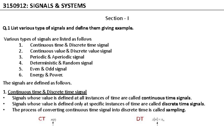 3150912: SIGNALS SYSTEMS Unit 1 Study Notes on Signal Types and ...
