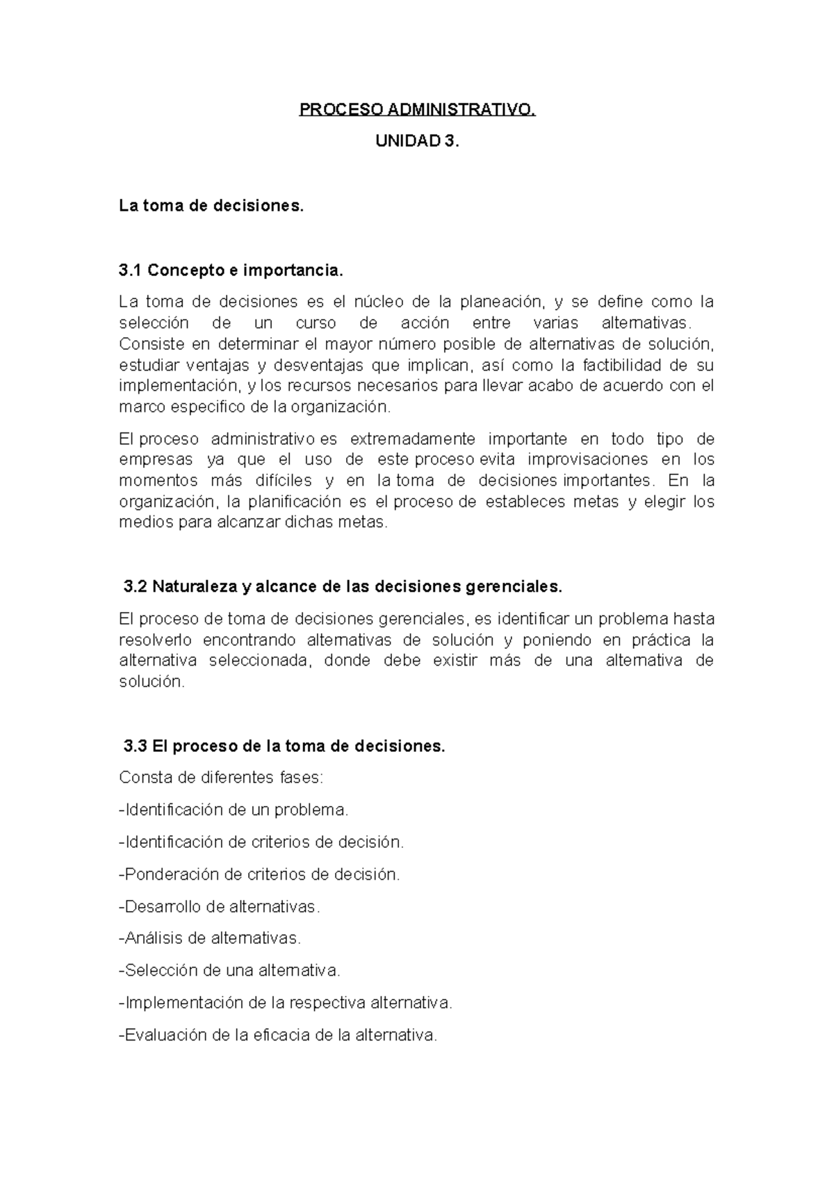 Proceso Administrativo: Toma de Decisiones - Unidad 3 - Studocu