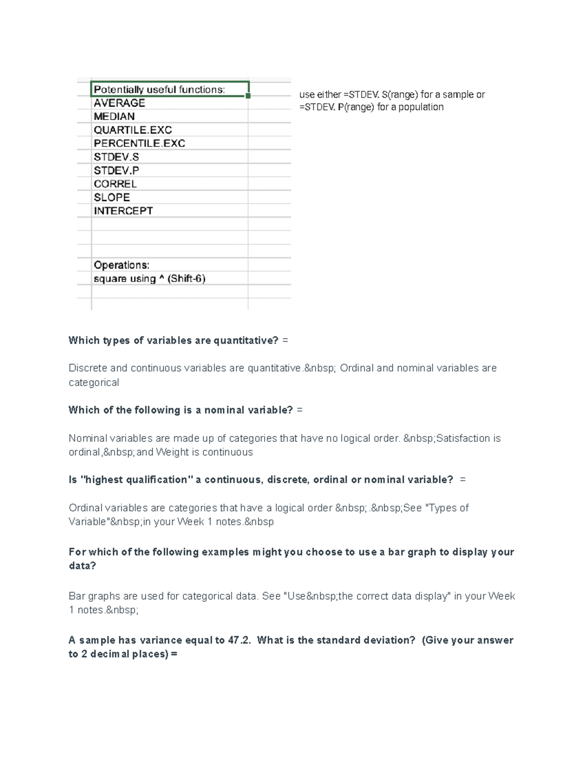 Quan Test notes - use either =STDEV. S(range) for a sample or =STDEV. P ...