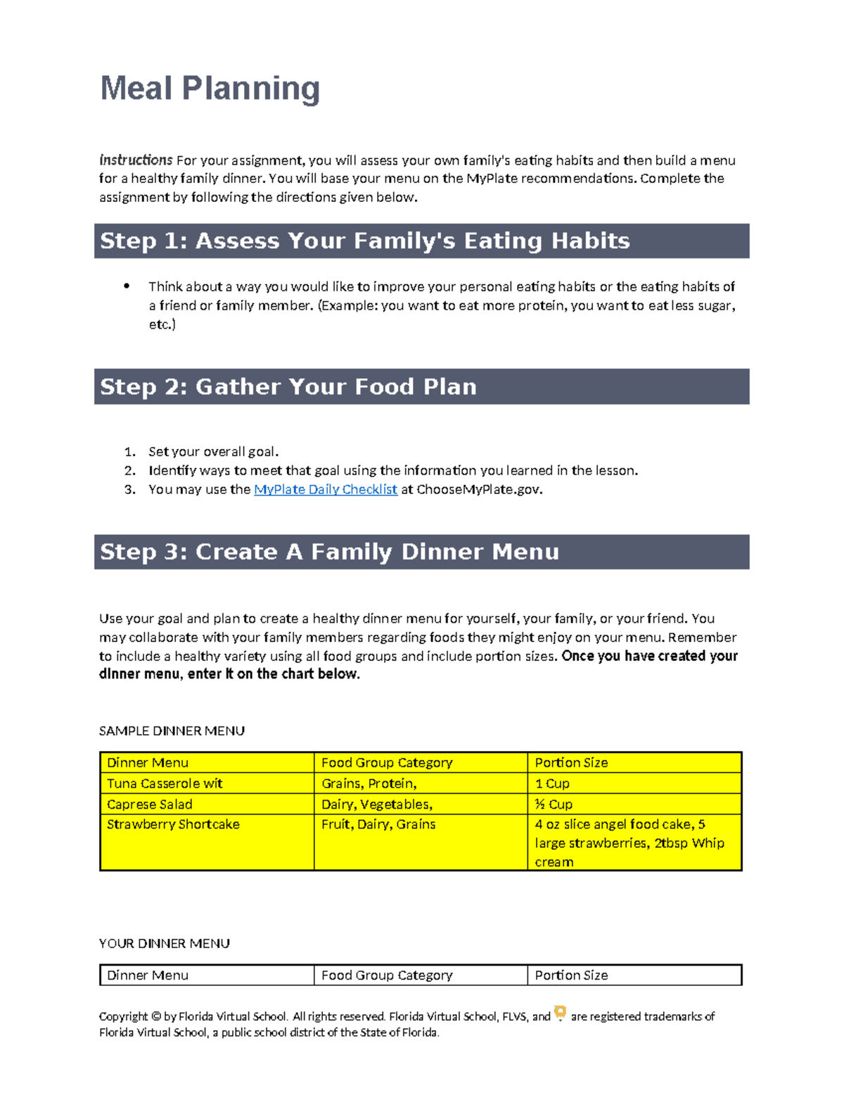Healthy Family Dinner Menu Project Outline (Course Code: Meal Planning ...