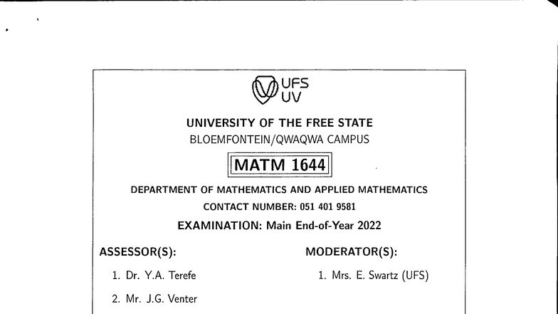 Final Exam: Calculus MATM 1644 - Main 2022 - Studocu