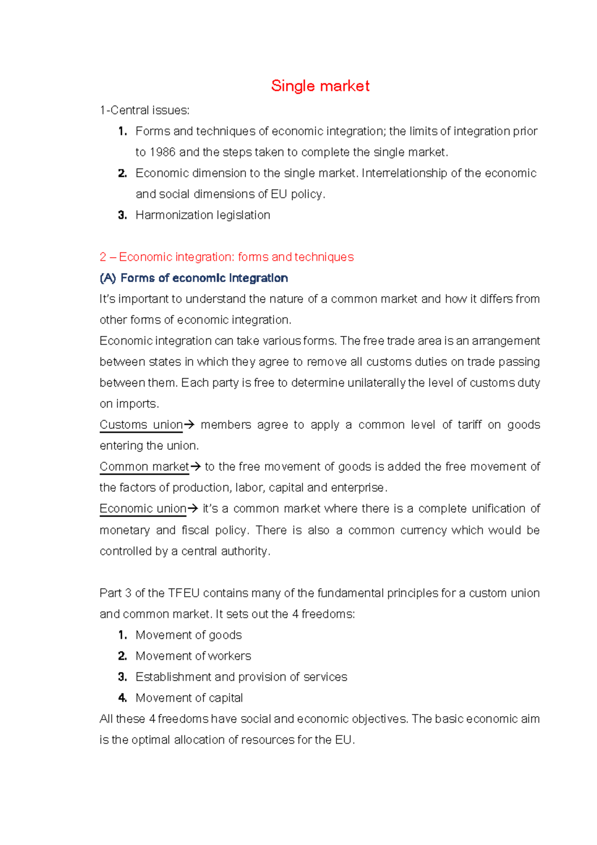 Single Market Summary - Economic Law Overview (LEC Econo 101) - Studocu