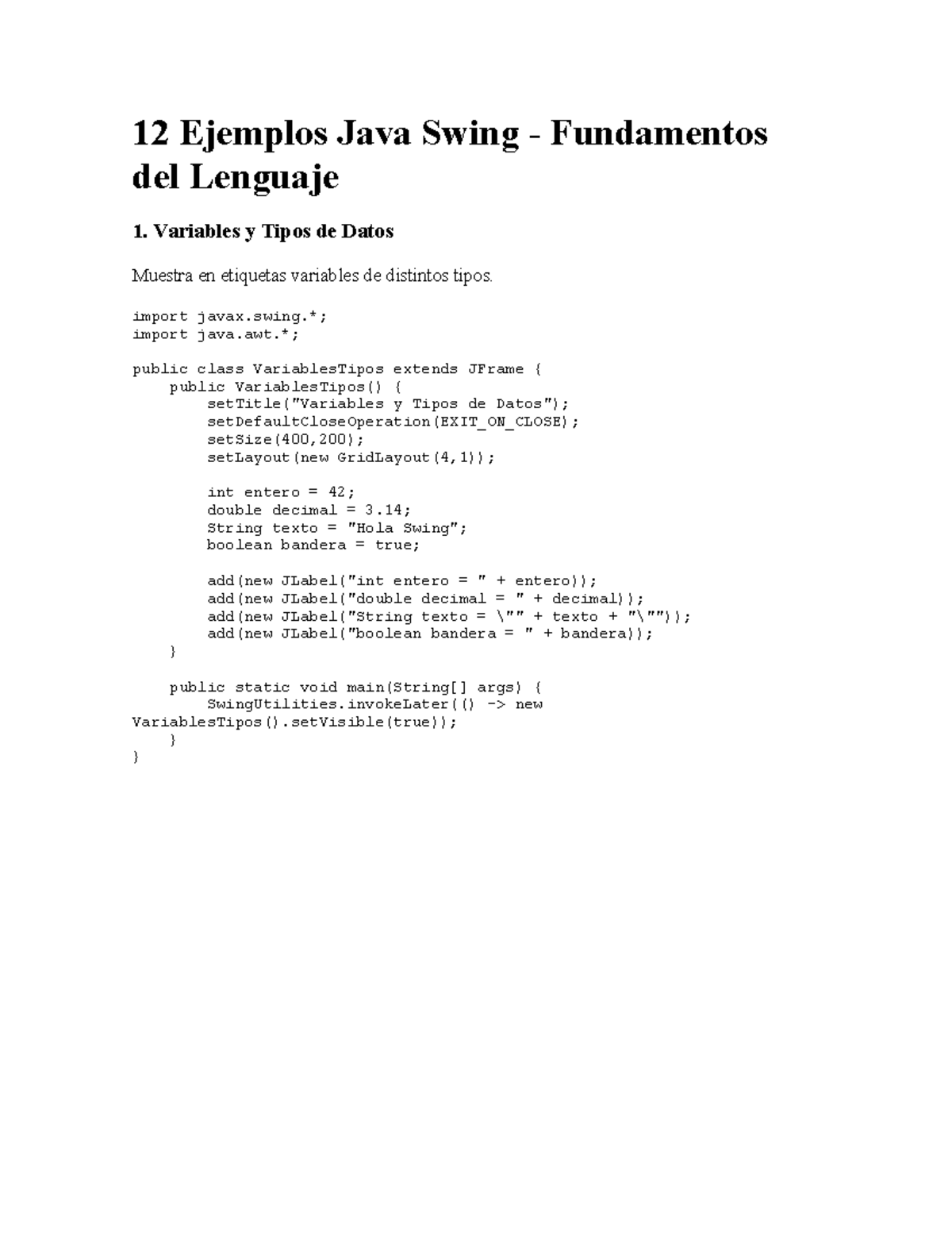 10 Ejemplos de Java Swing - Fundamentos del Lenguaje - Studocu