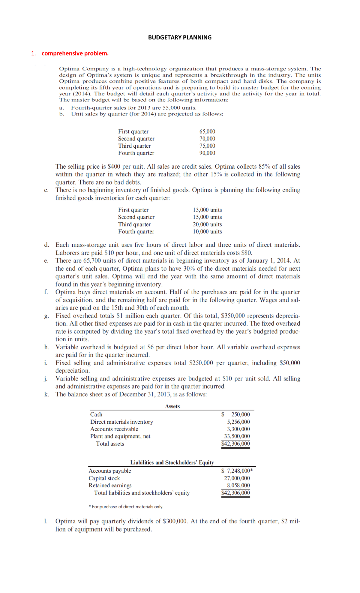 Exercise Budgetary Planning - Masters in Business Administration ...