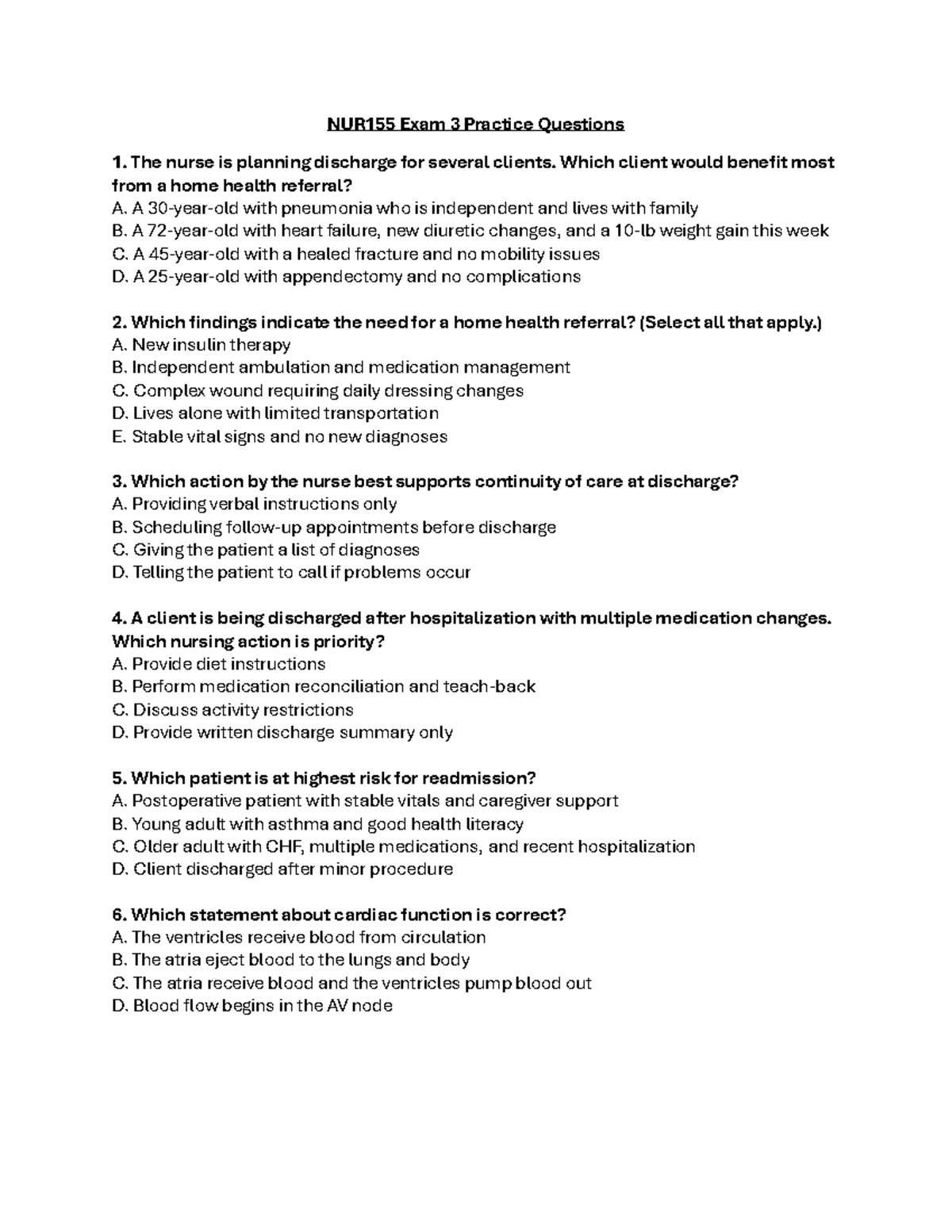 NUR155 Final Exam 3 Practice Questions and Answers - Studocu