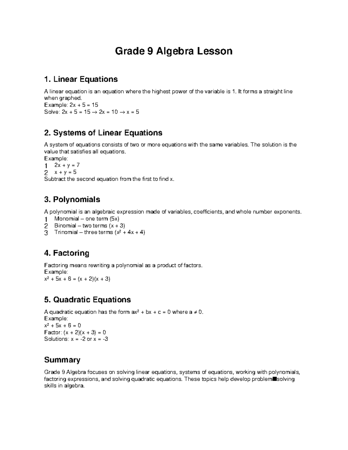 Grade 9 Algebra Lesson 1: Linear Equations & Polynomials - Studocu