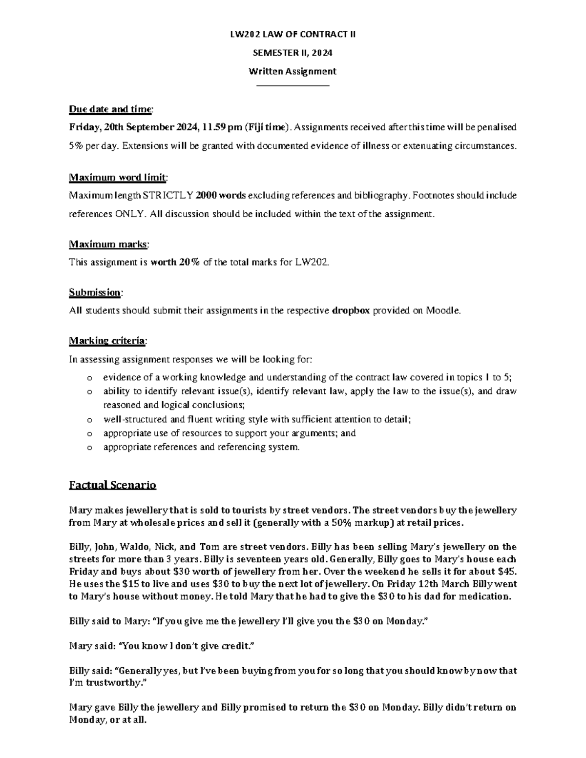 LW202 LAW OF CONTRACT II SII-2024 Written Assignment Guidelines - Studocu