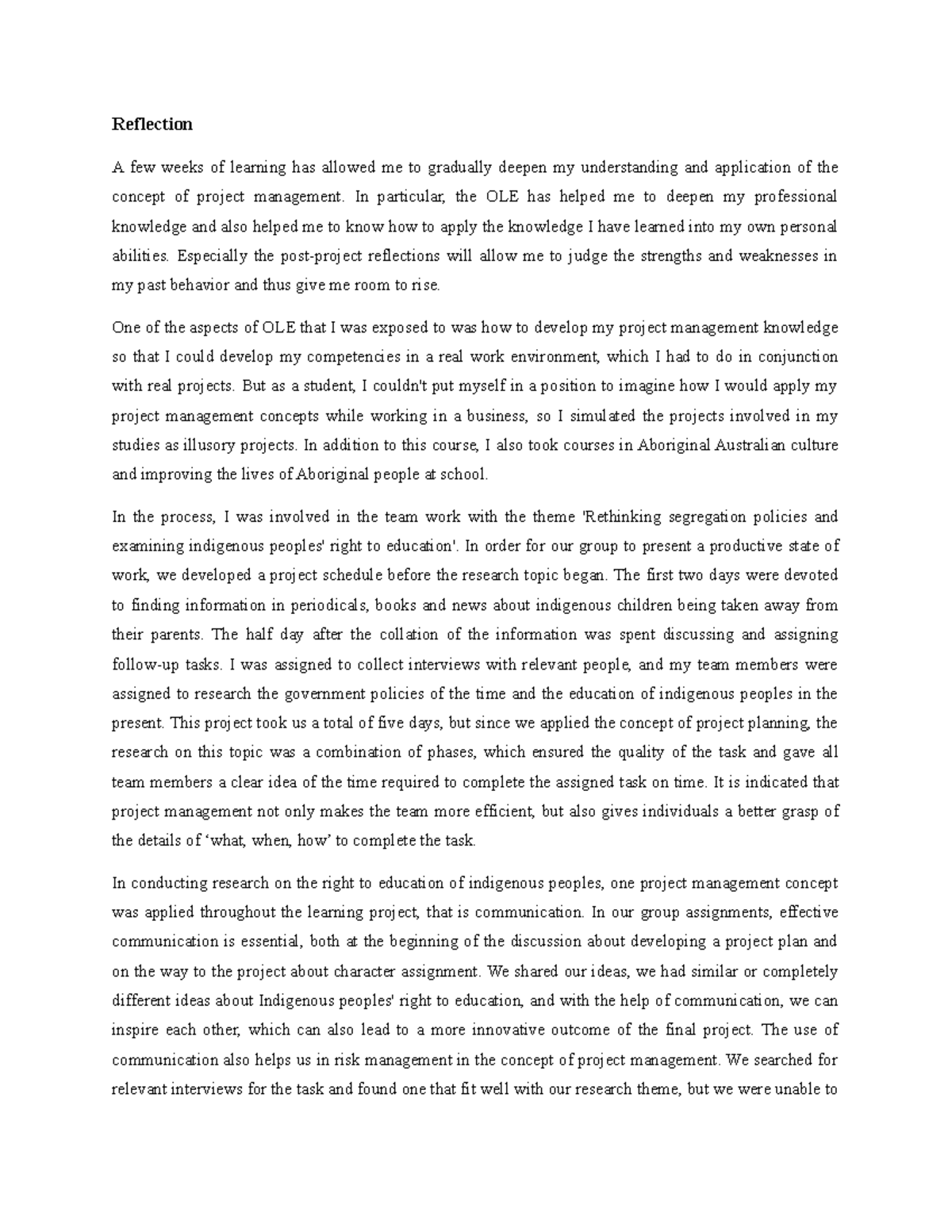 ENGG1850 Project Management Reflection and Indigenous Education Study ...