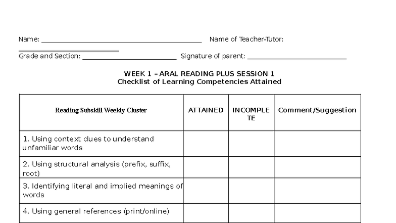 ARAL 1-4 WEEKLY PROGRESSION CHECKLIST: READING PLUS SESSIONS - Studocu