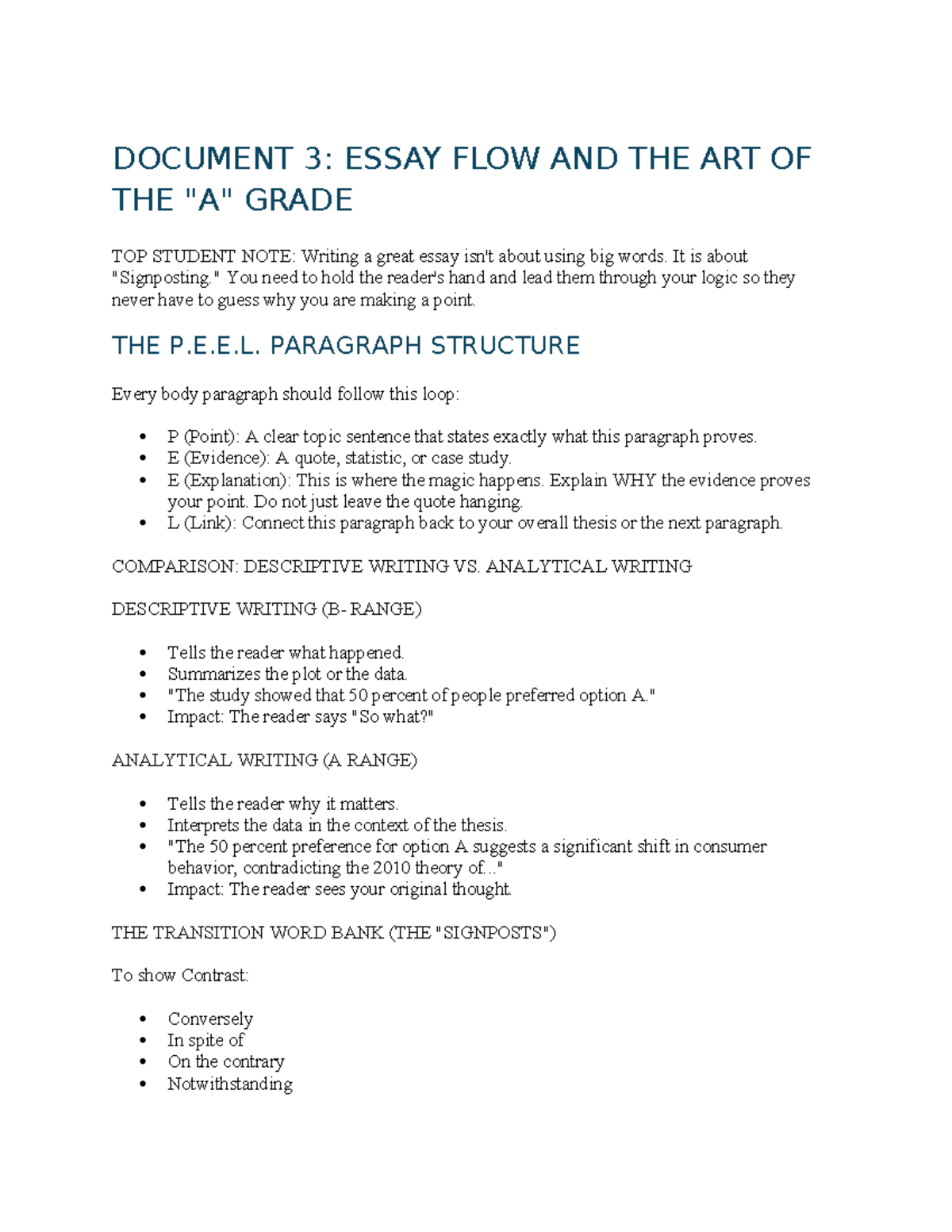 DOCUMENT 3: ESSAY WRITING STRATEGIES & P.E.E.L. STRUCTURE - Studeersnel