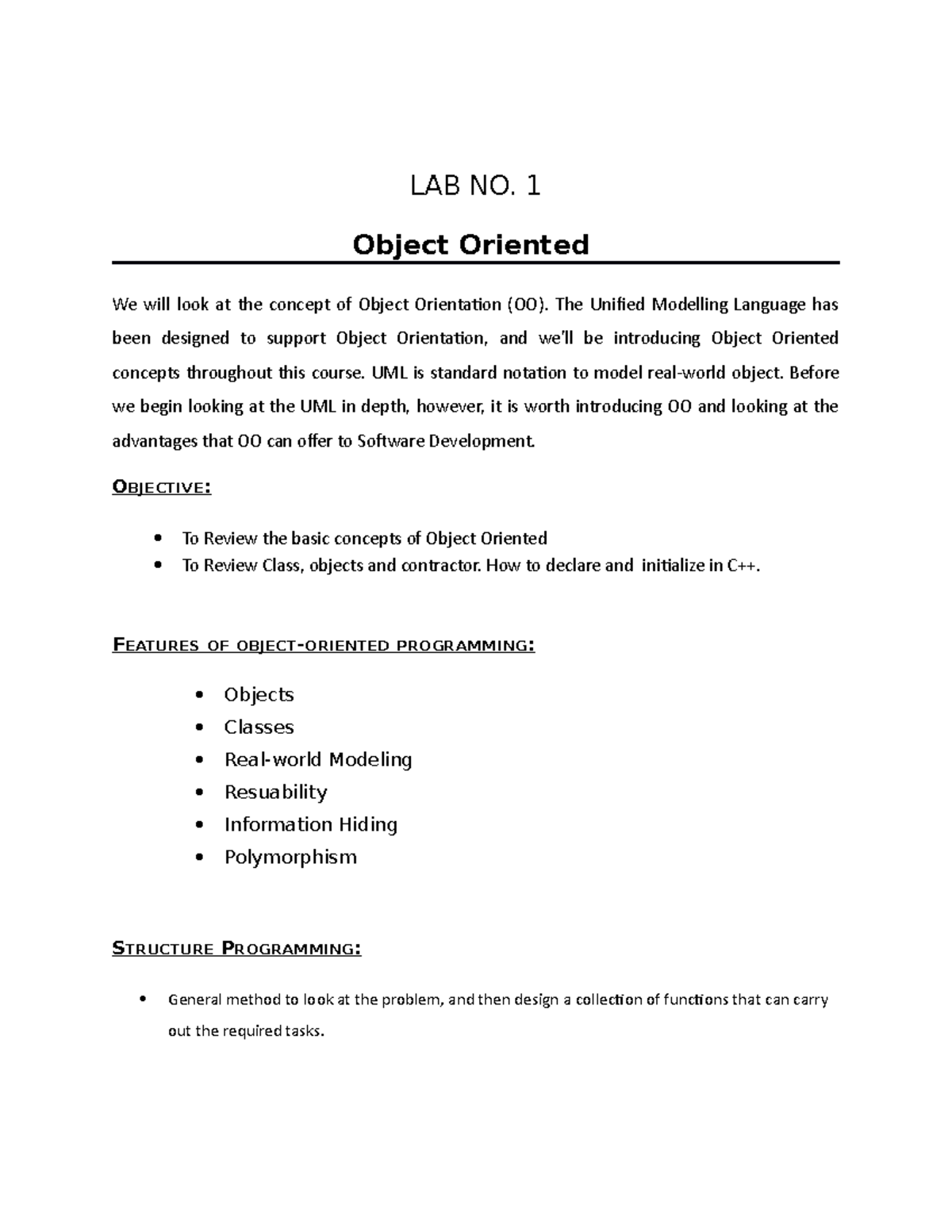 Lab 01 - Object Oriented Concepts in Software Construction (CS101 ...