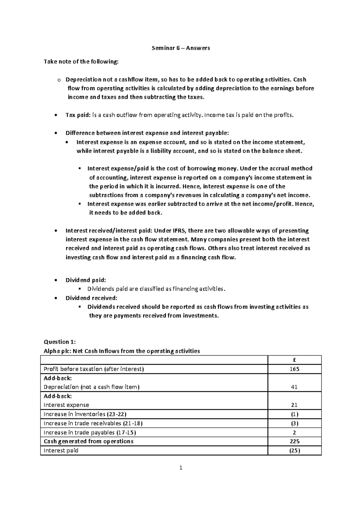 CFS Seminar 6 - Updated Answers on Cash Flow Statements - Studocu