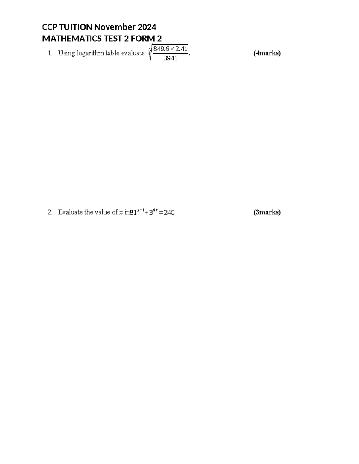 MATH TEST 2 F2 - mathematics test - CCP TUITION November 2024 ...