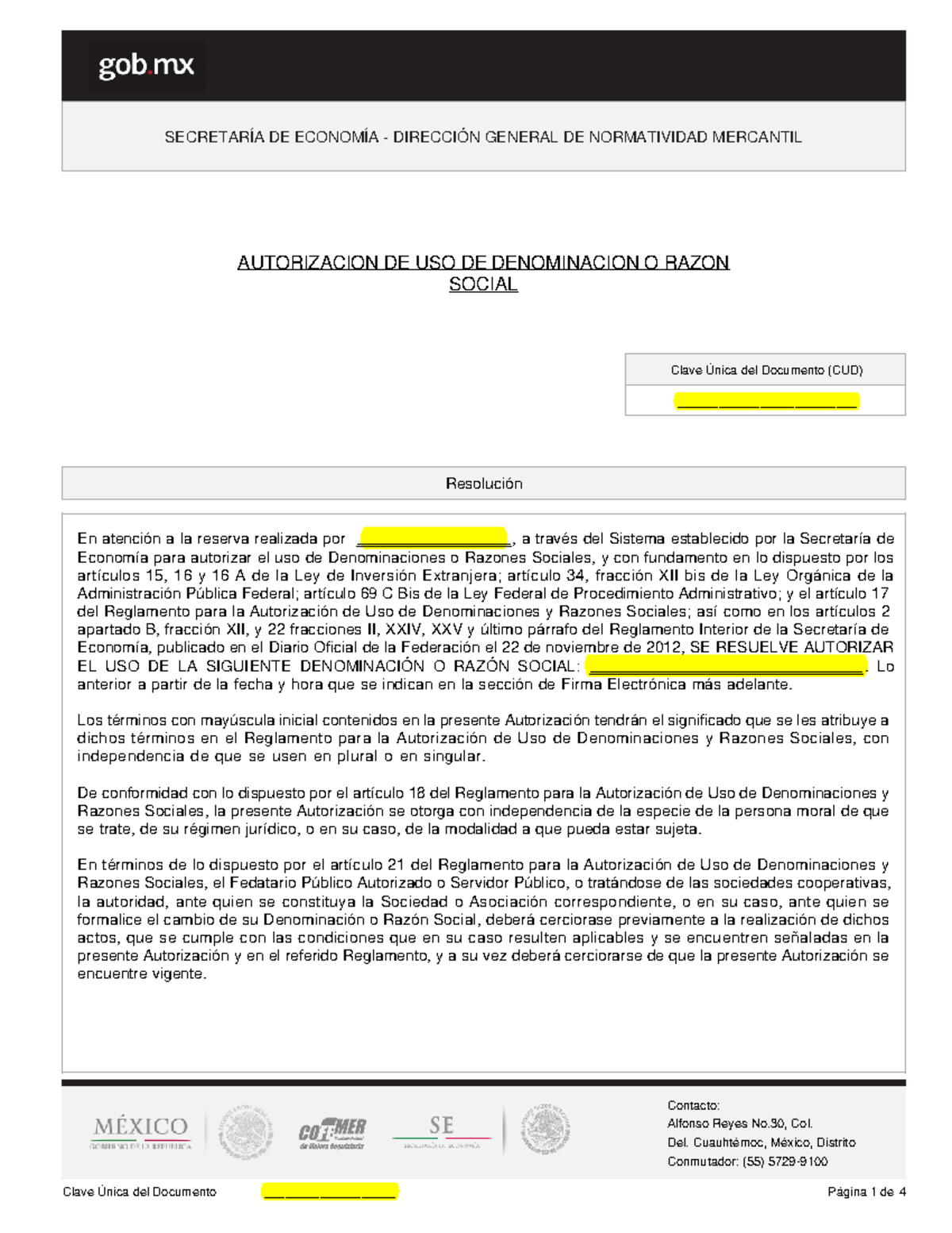 Formato de Autorización para Uso de Denominación Social - CUD - Document Preview