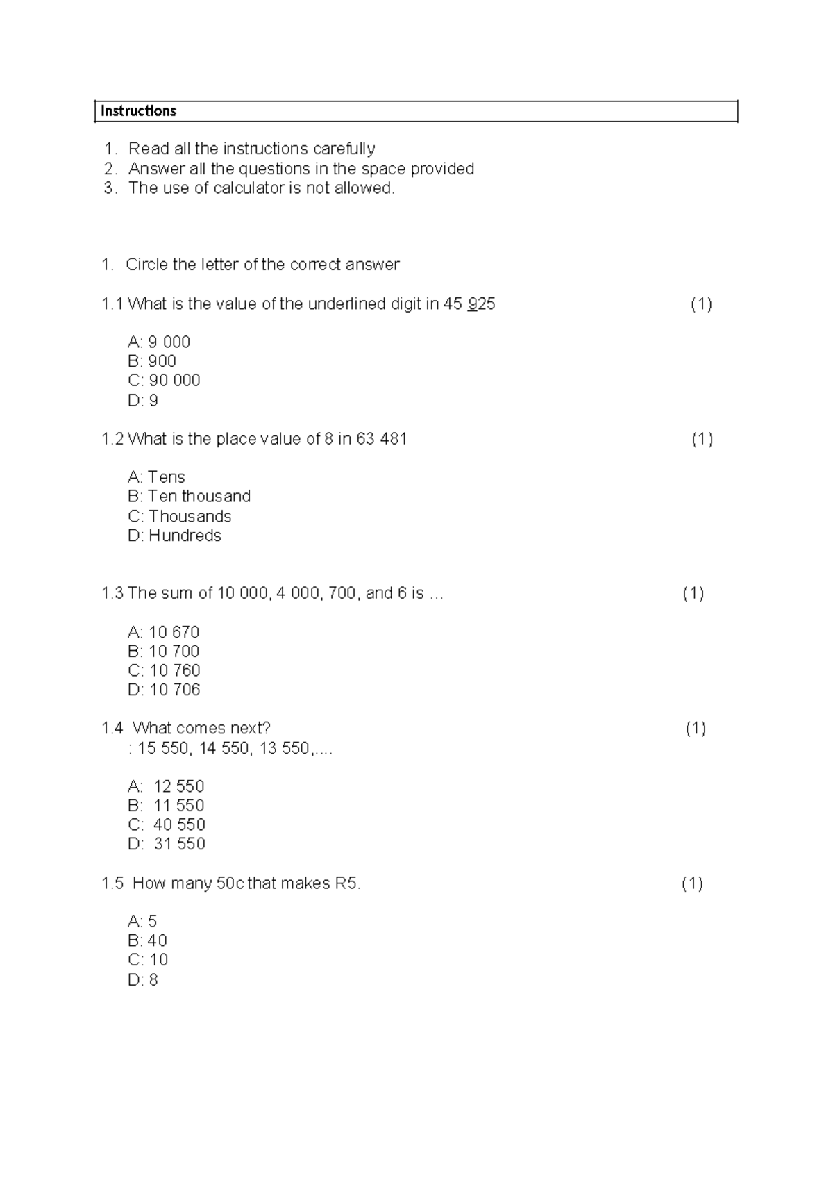 Maths Grade 6 Term 1 Test 2021 - Answer Key and Instructions - Studocu