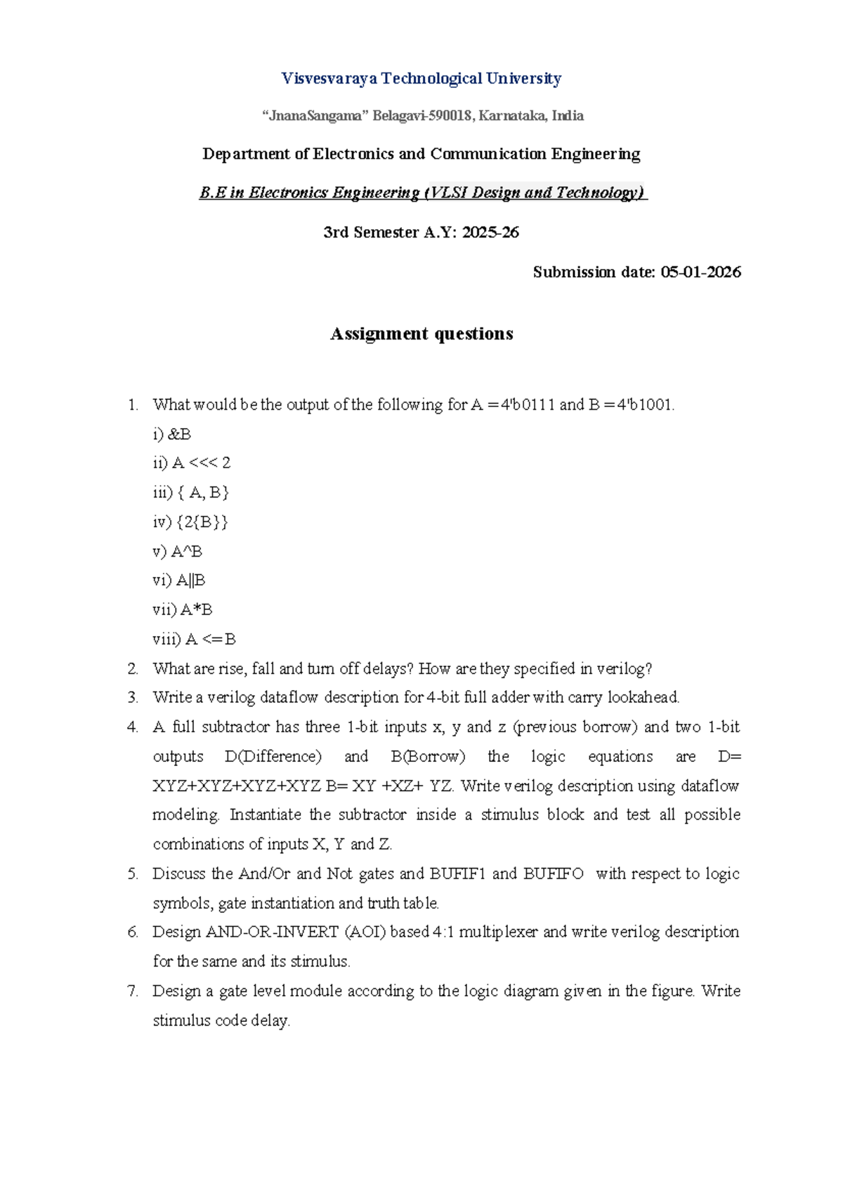 VLSI Design & Tech (3rd Sem) - Important Questions & Verilog Tasks ...