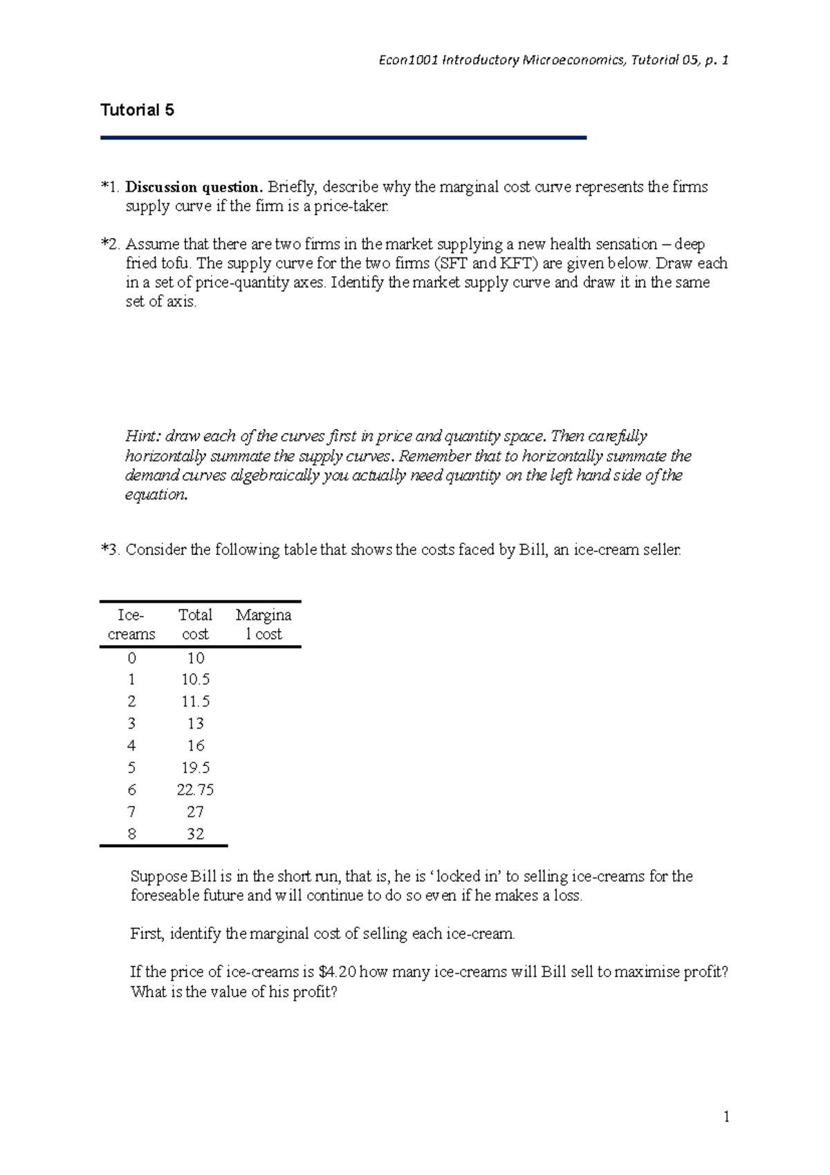 Econ1001 Microeconomics Tutorial 05: Supply Curves & Cost Analysis ...