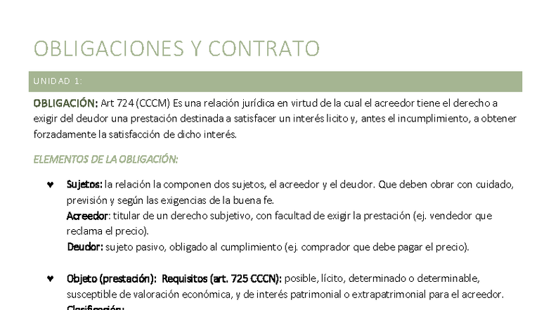 Resumen de Obligaciones y Contrato - Unidad 1: Conceptos Clave - Studocu