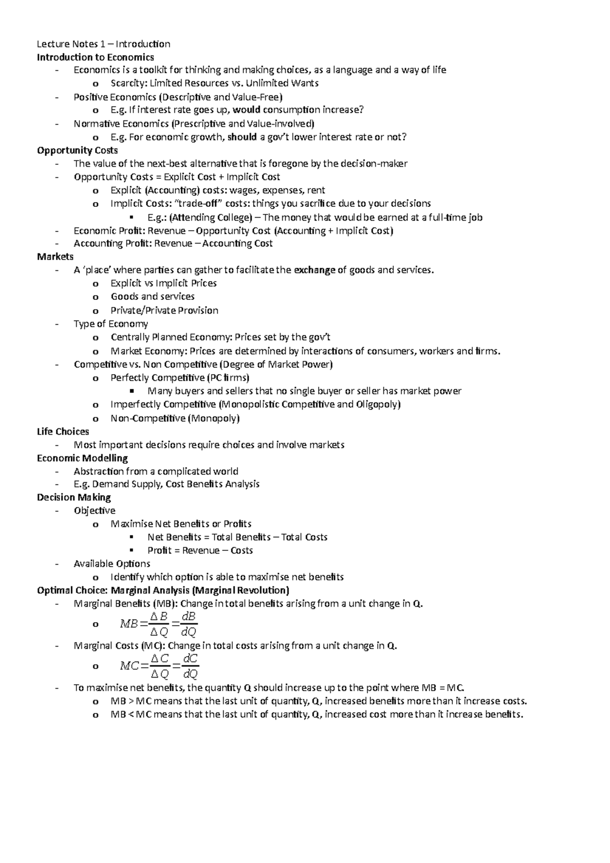 AY1920 BSP1703 Lecture Notes: Economic Concepts & Decision Making - Studocu