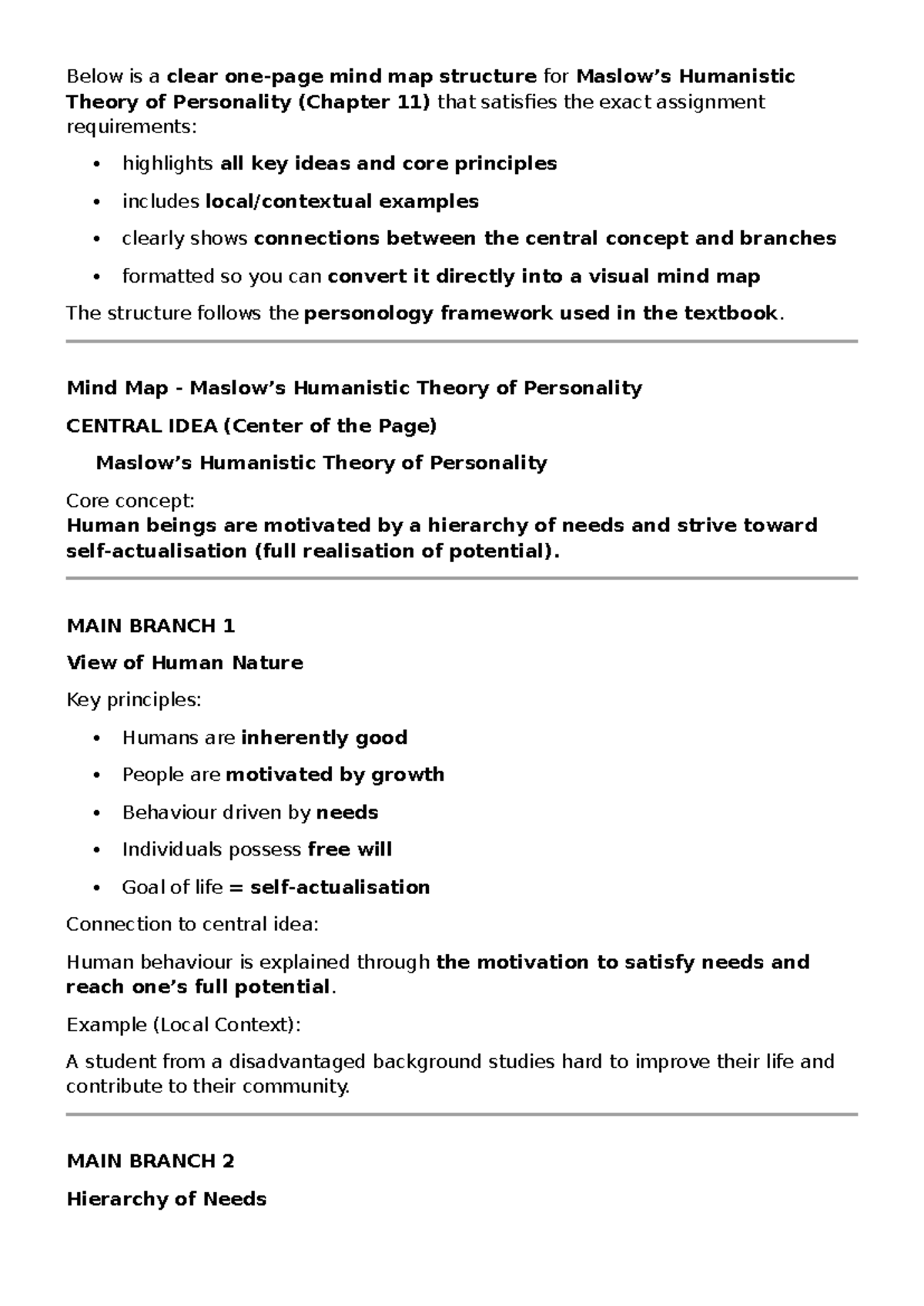 Mind Map for Humanistic Theory of Personality (PYC2611) - Studocu