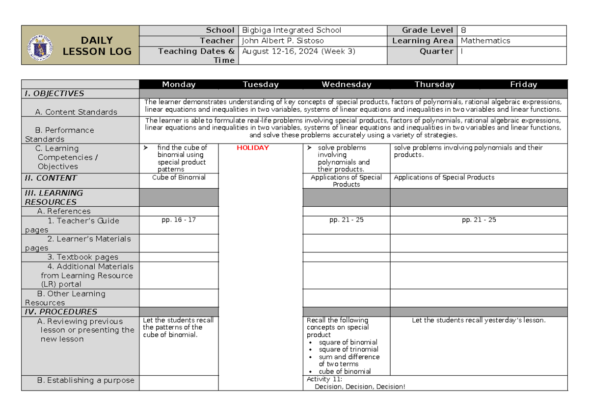 Grade 8 Math DLL Q1W3: Special Products & Polynomials Lesson Log - Studocu