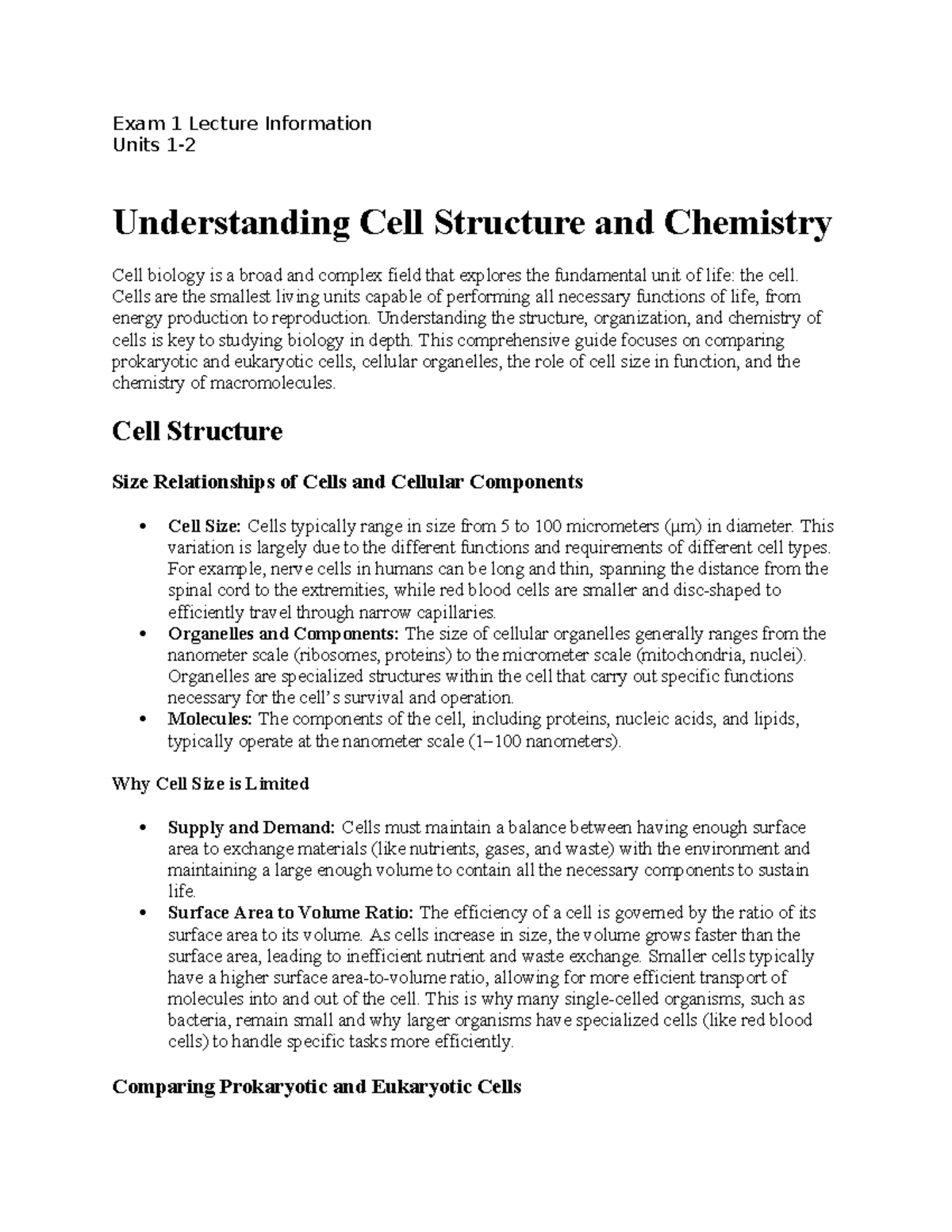 Cell Structure & Chemistry Overview - BIOL 101 Exam 1 Lecture Notes ...
