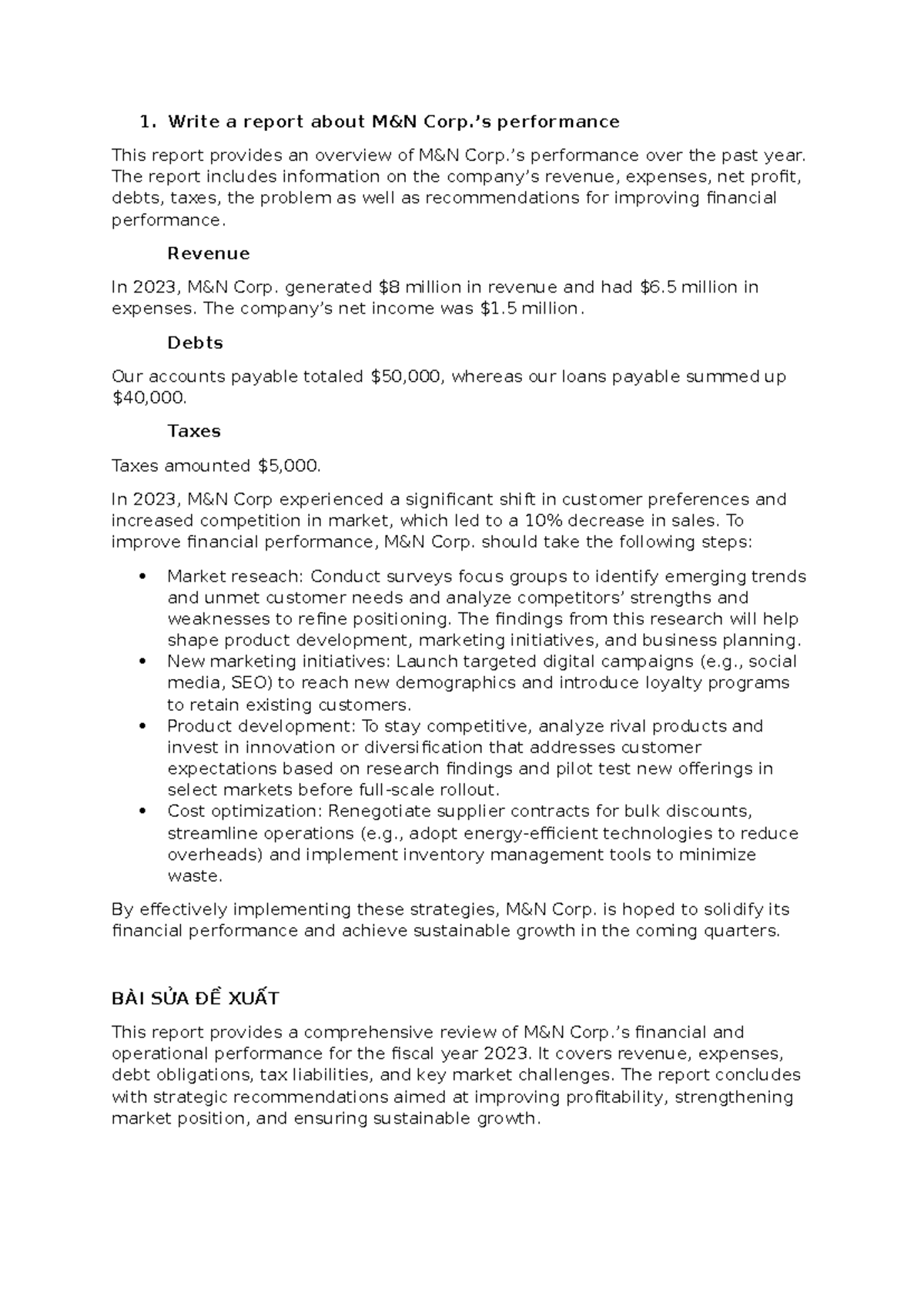 Report on Financial Performance & Strategies for M&N Corp - COB 2 - Studocu