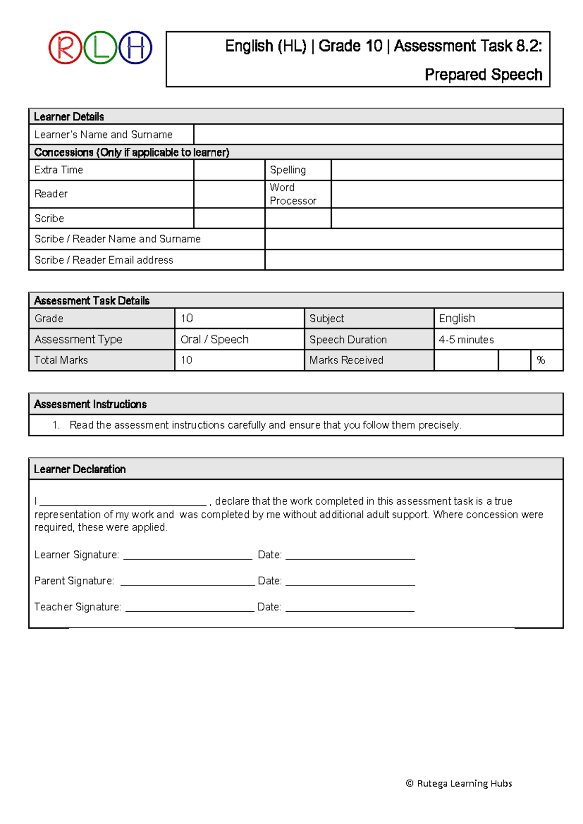 English (HL) Grade 10 Assessment Task 8.2: Prepared Speech Guide - Studocu