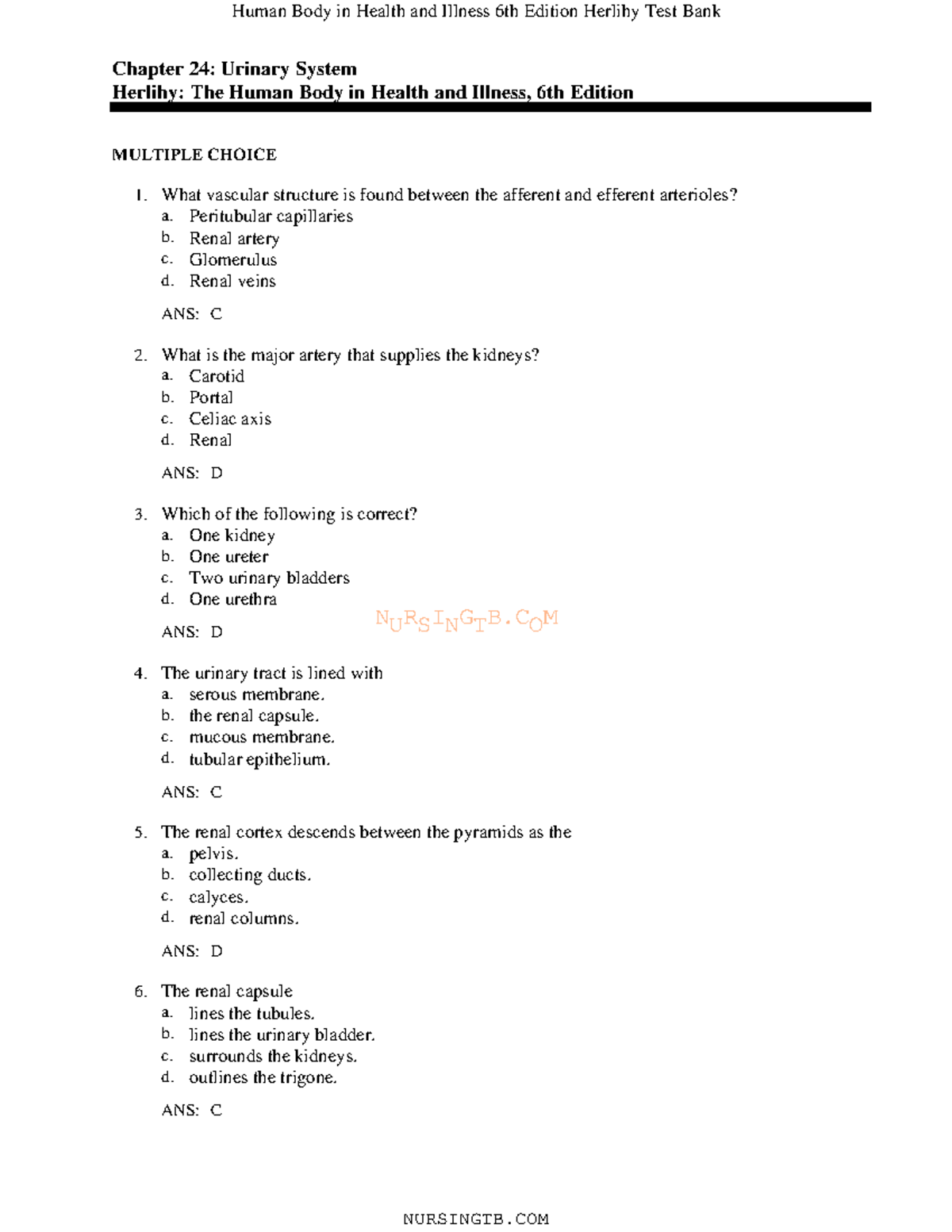 Chapter 24 Urinary System Study Guide for NURSINGTB.COM - Studocu