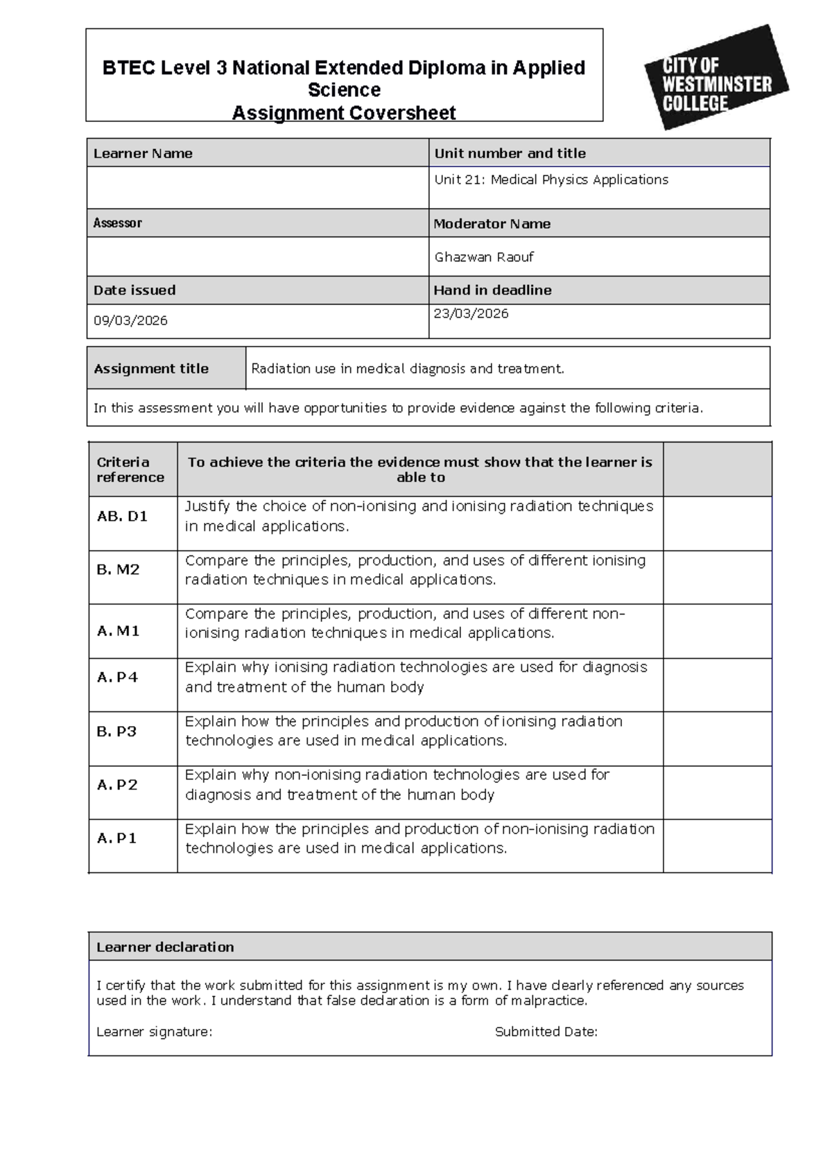 BTEC Level 3 Unit 21: Medical Physics Applications Distinction Guide ...