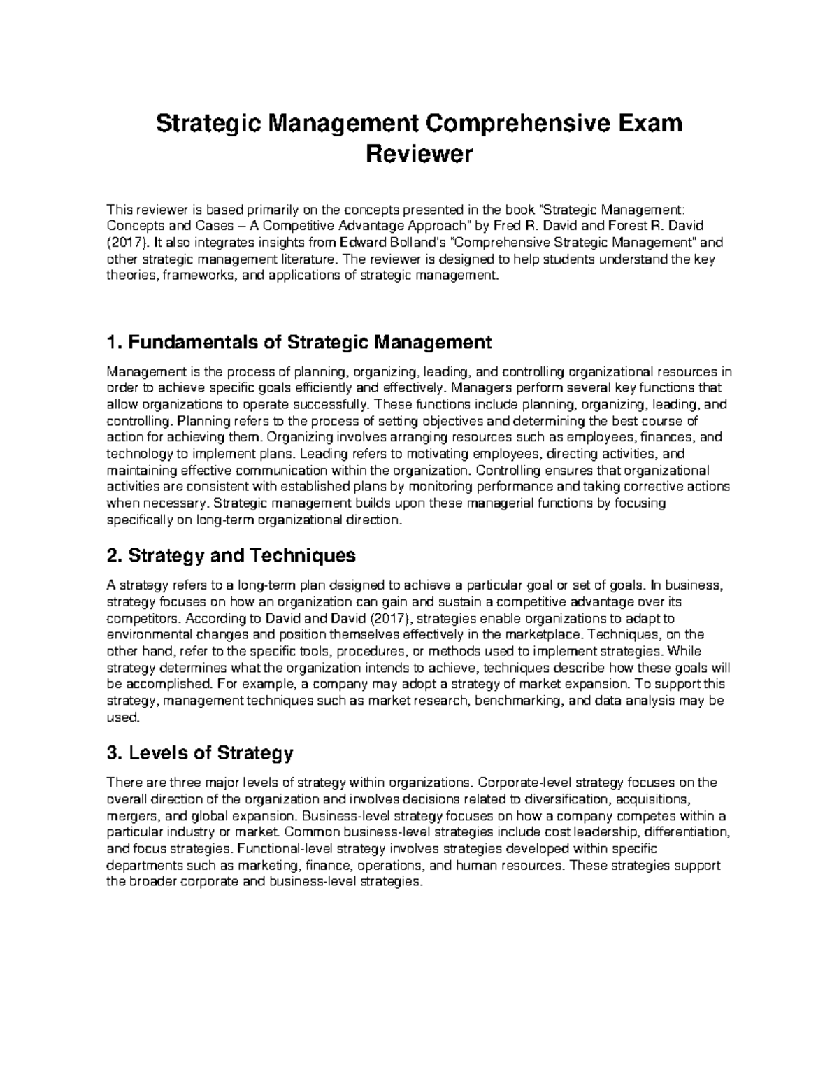 Strategic Management Comprehensive Exam Reviewer (MGMT 101) - Studocu