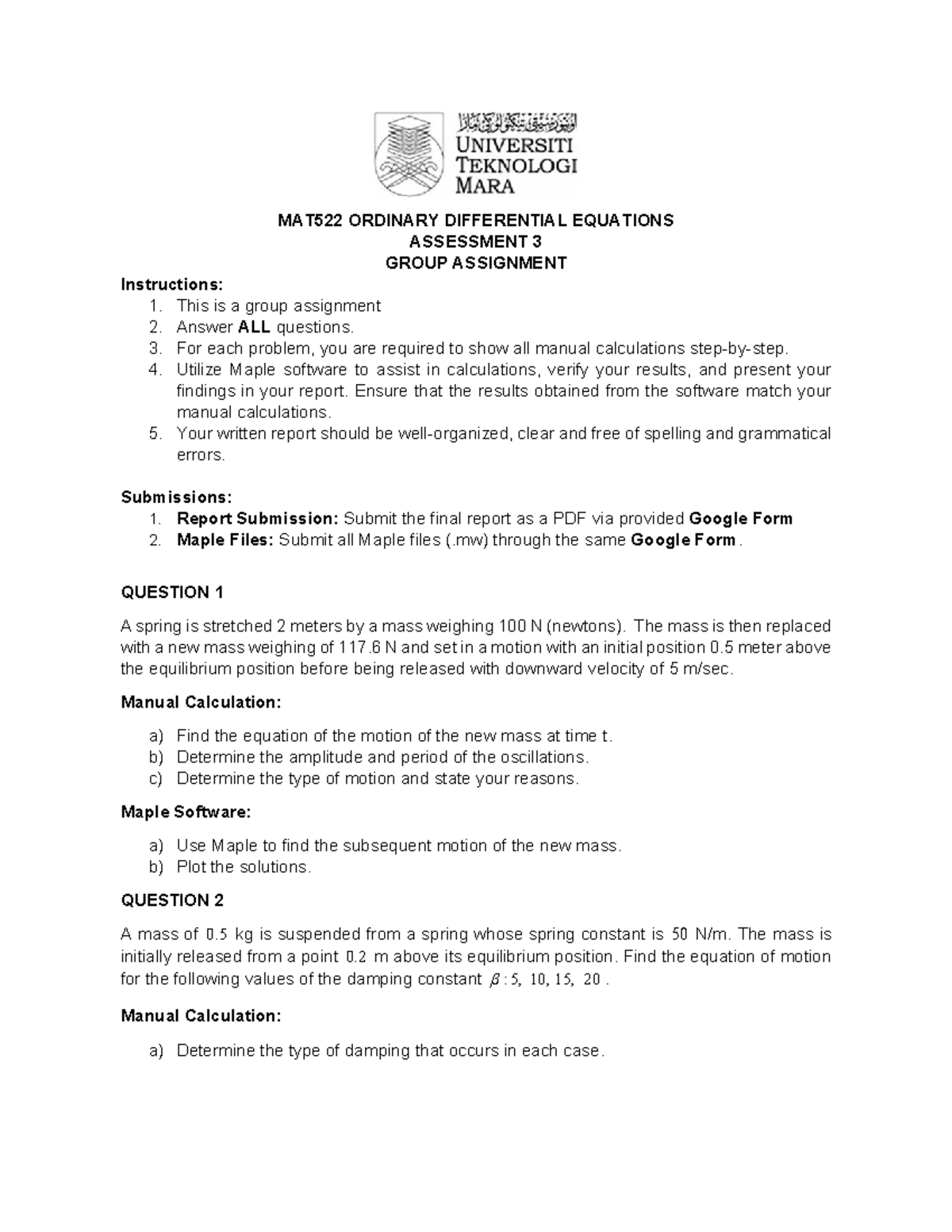 Group Assignment MAT522: Ordinary Differential Equations Assessment 3 ...