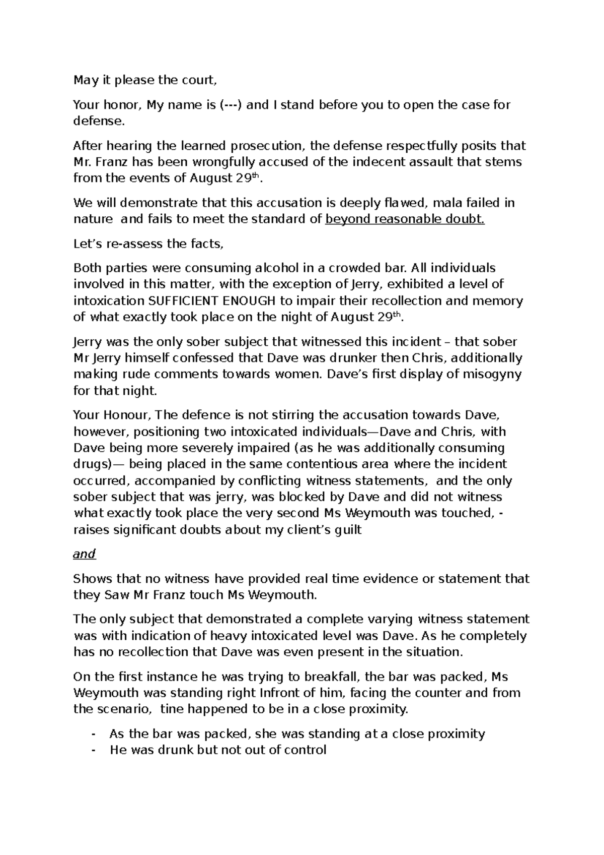 Opening Statement for Defense in Case No. [Course Code] - Studocu