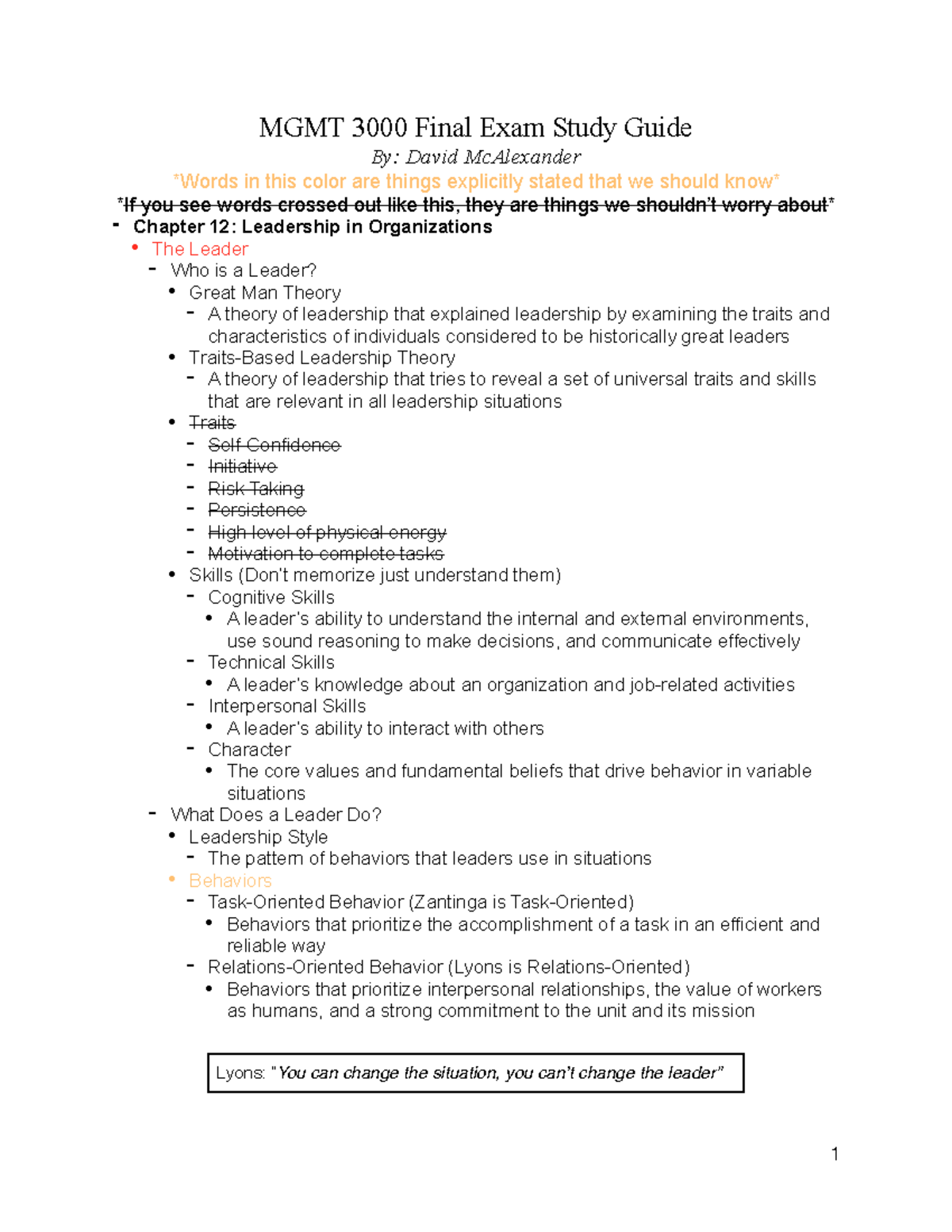 MGMT3000 Final Exam SG - Lecture notes 12-19 - MGMT Final Exam Study ...
