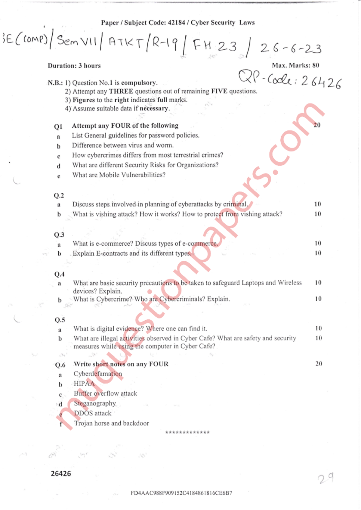 CSL MU QPapers May-Dec 2023 - Paper Subject Code: 42184 Cyber Security ...