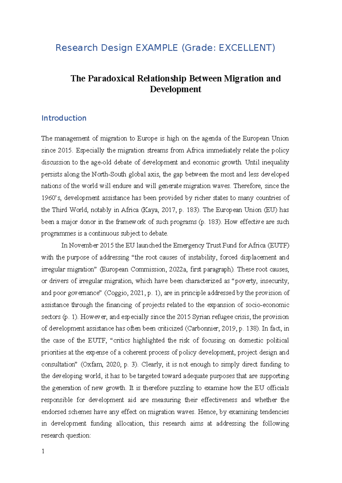 Research Design EXAMPLE: Migration & Development Analysis (Grade ...