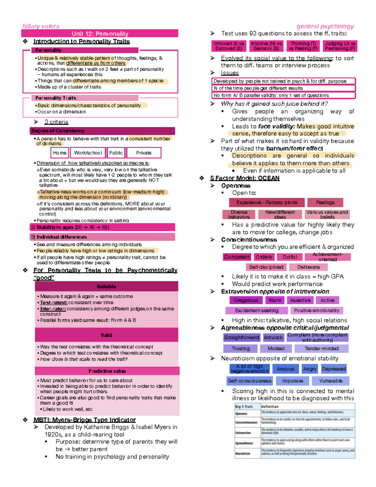 PSY 101: Final Exam Notes on Personality and Psychological Disorders ...