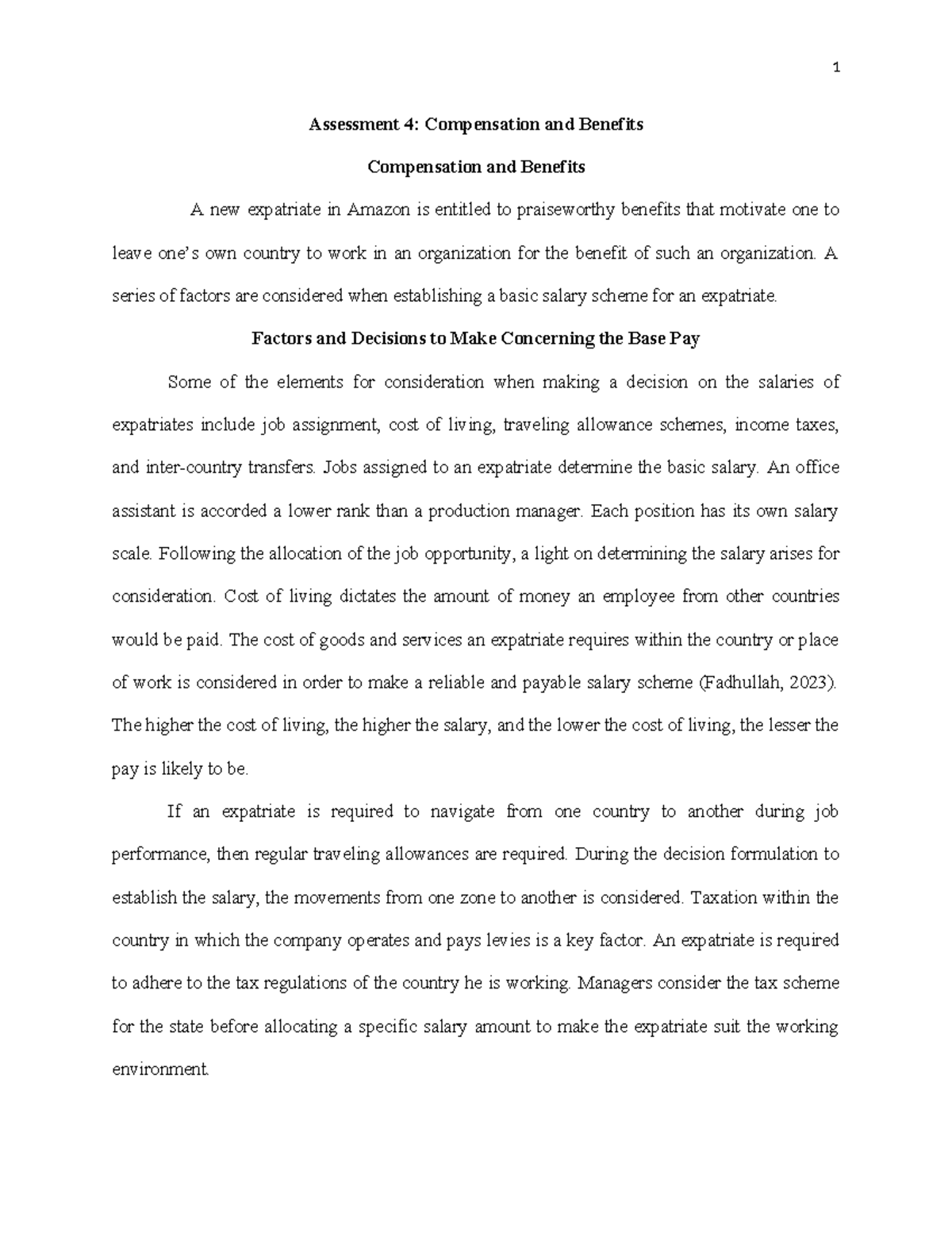 Assessment 4: Analysis of Compensation & Benefits for Expatriates - Studocu